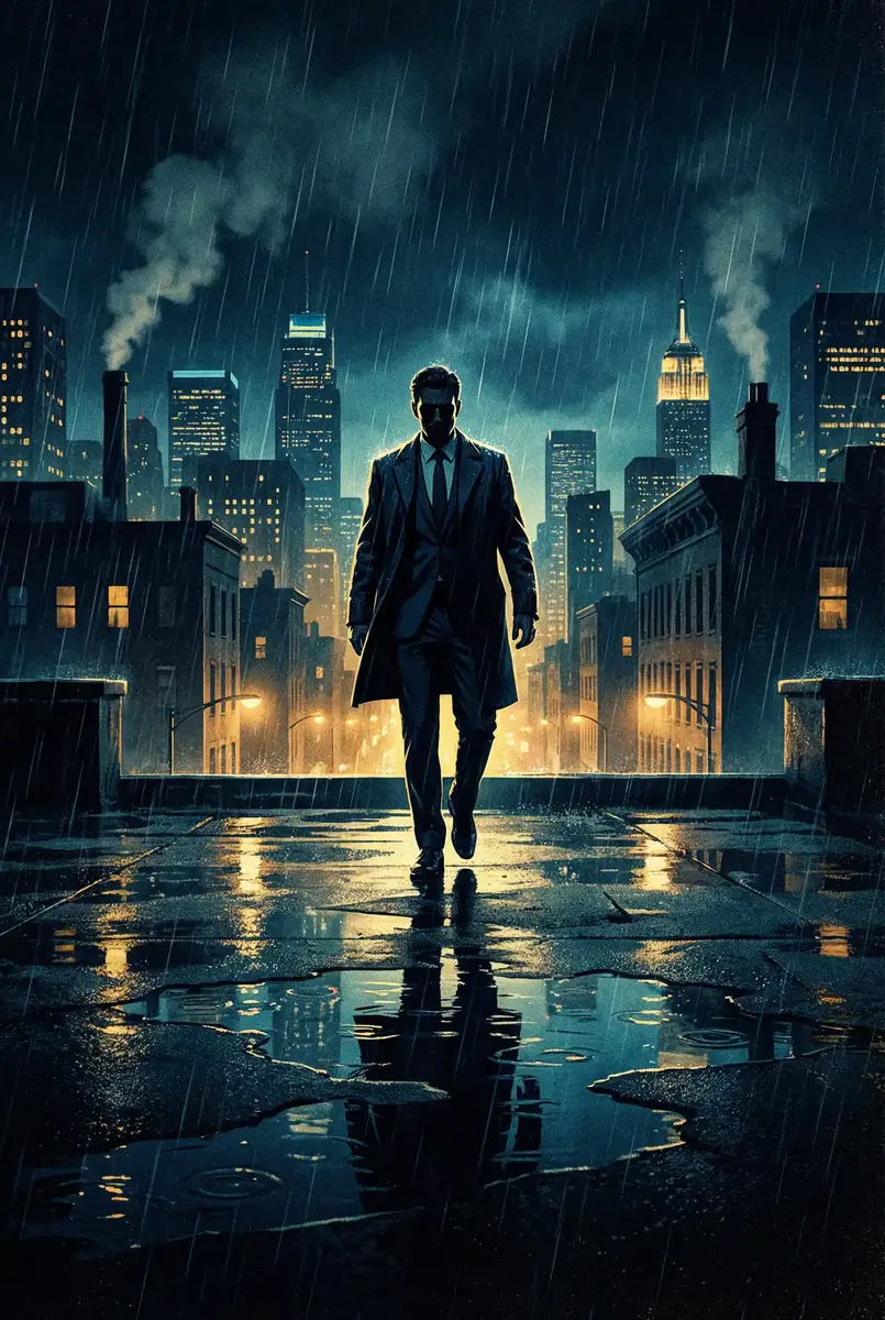 开心四播 出品影片《雨夜独行者》海报，雨中城市屋顶男性剪影